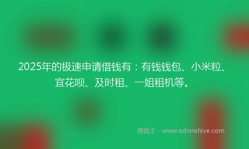 2025年的极速申请借钱有：有钱钱包、小米粒、宜花呗、及时租、一姐租机等。