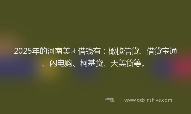 2025年的河南美团借钱有：橄榄信贷、借贷宝通、闪电购、柯基贷、天美贷等。