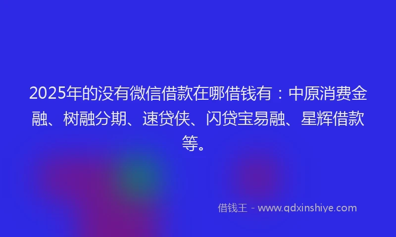 2025年的没有微信借款在哪借钱有：中原消费金融、树融分期、速贷侠、闪贷宝易融、星辉借款等。