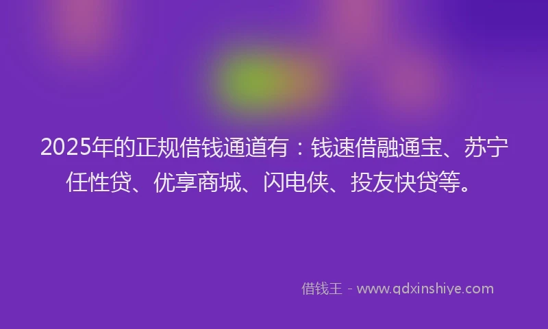 2025年的正规借钱通道有：钱速借融通宝、苏宁任性贷、优享商城、闪电侠、投友快贷等。