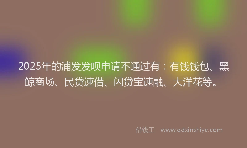 2025年的浦发发呗申请不通过有：有钱钱包、黑鲸商场、民贷速借、闪贷宝速融、大洋花等。