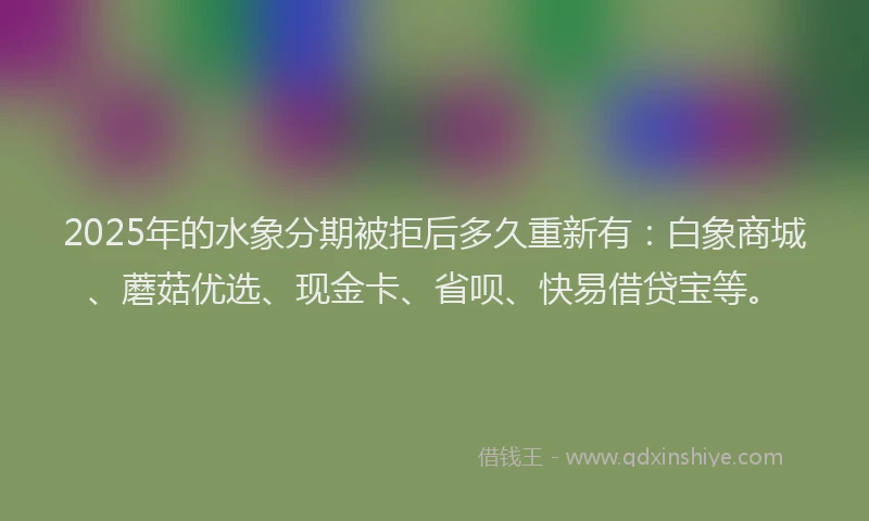 2025年的水象分期被拒后多久重新有：白象商城、蘑菇优选、现金卡、省呗、快易借贷宝等。