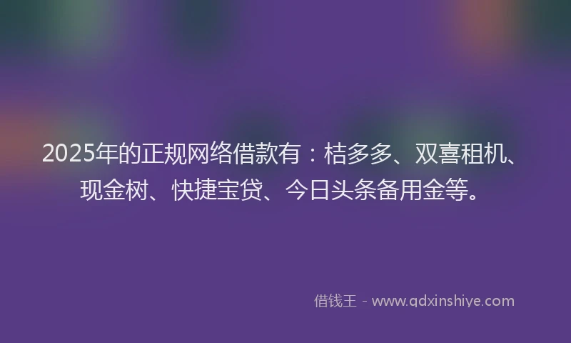 2025年的正规网络借款有：桔多多、双喜租机、现金树、快捷宝贷、今日头条备用金等。