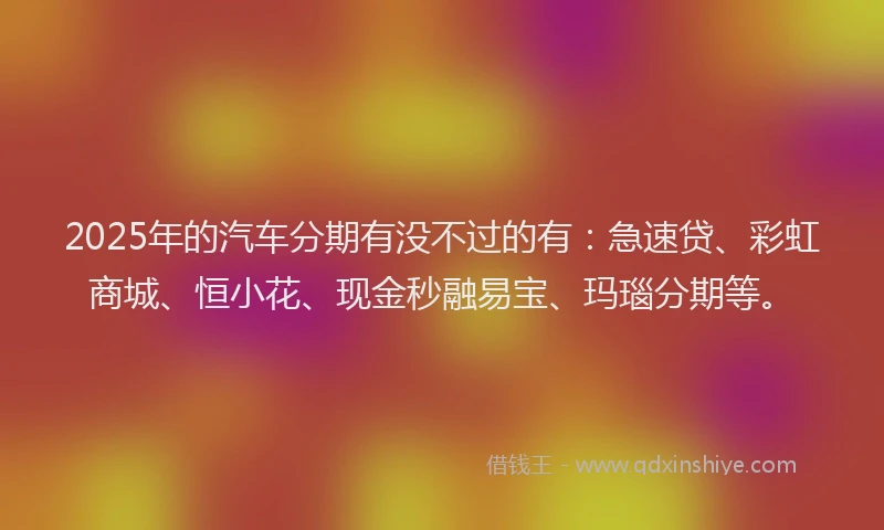 2025年的汽车分期有没不过的有：急速贷、彩虹商城、恒小花、现金秒融易宝、玛瑙分期等。