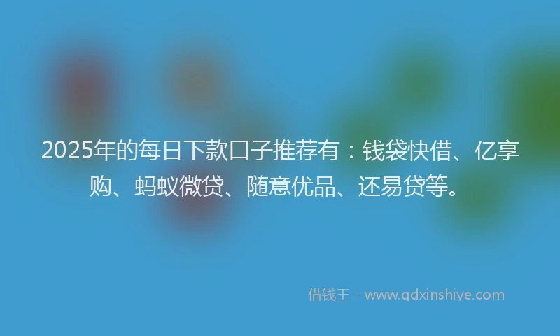 2025年的每日下款口子推荐有：钱袋快借、亿享购、蚂蚁微贷、随意优品、还易贷等。