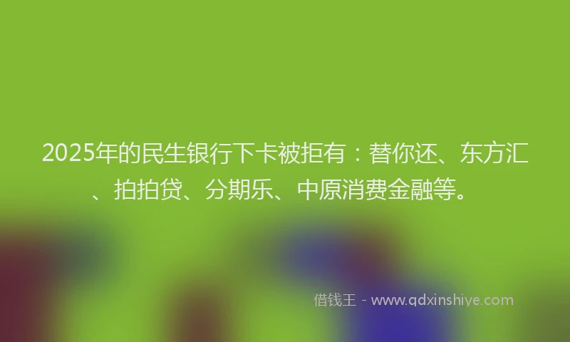 2025年的民生银行下卡被拒有：替你还、东方汇、拍拍贷、分期乐、中原消费金融等。
