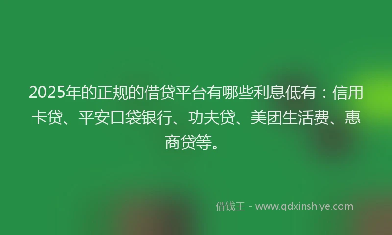 2025年的正规的借贷平台有哪些利息低有：信用卡贷、平安口袋银行、功夫贷、美团生活费、惠商贷等。