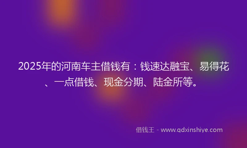 2025年的河南车主借钱有：钱速达融宝、易得花、一点借钱、现金分期、陆金所等。