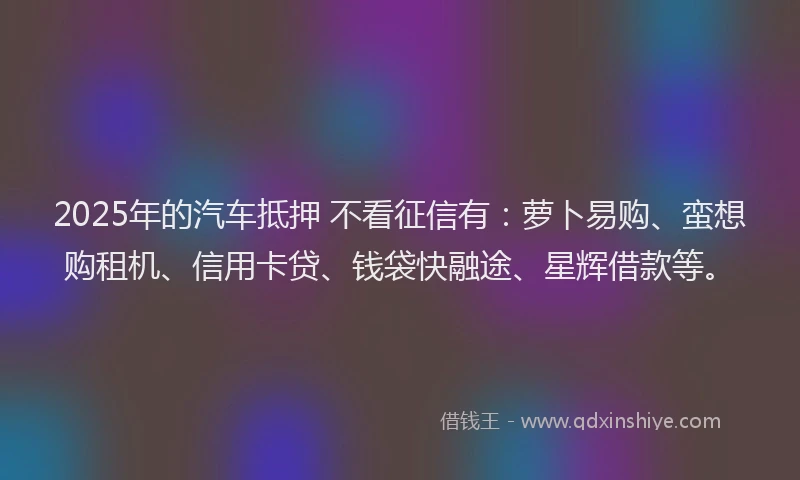 2025年的汽车抵押 不看征信有：萝卜易购、蛮想购租机、信用卡贷、钱袋快融途、星辉借款等。