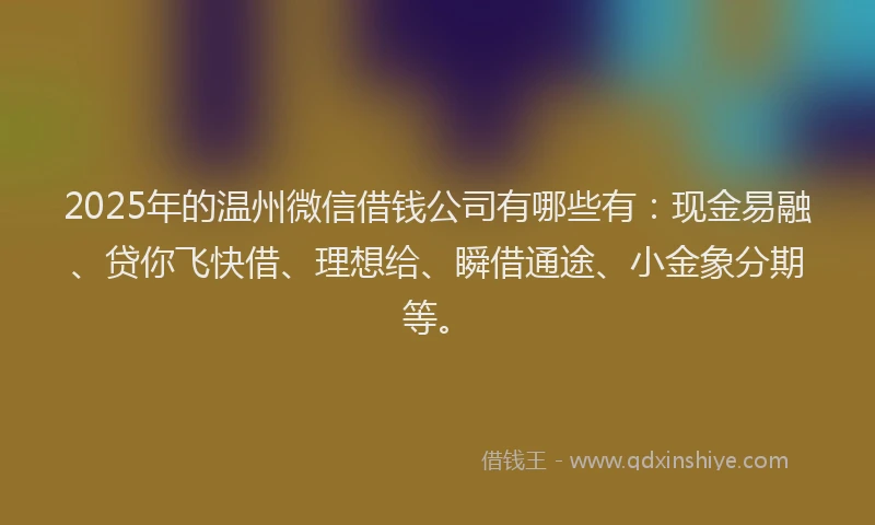 2025年的温州微信借钱公司有哪些有：现金易融、贷你飞快借、理想给、瞬借通途、小金象分期等。