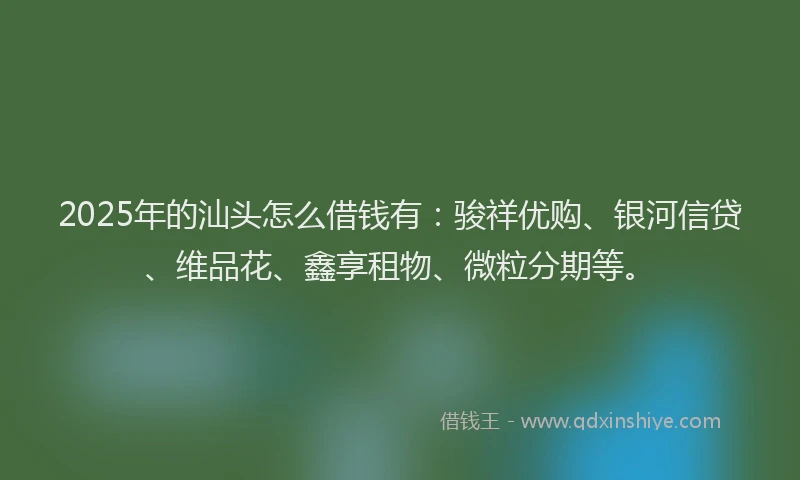 2025年的汕头怎么借钱有：骏祥优购、银河信贷、维品花、鑫享租物、微粒分期等。