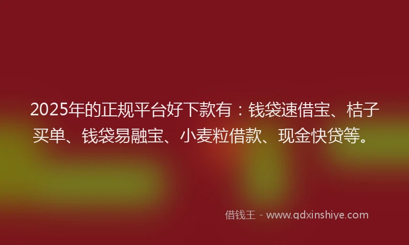 2025年的正规平台好下款有：钱袋速借宝、桔子买单、钱袋易融宝、小麦粒借款、现金快贷等。
