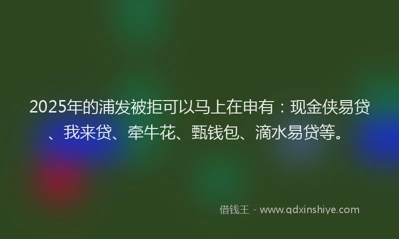 2025年的浦发被拒可以马上在申有：现金侠易贷、我来贷、牵牛花、甄钱包、滴水易贷等。