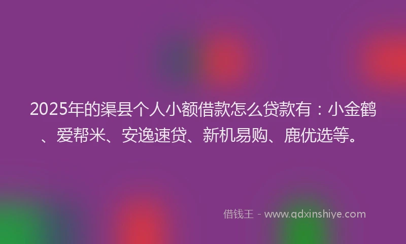 2025年的渠县个人小额借款怎么贷款有：小金鹤、爱帮米、安逸速贷、新机易购、鹿优选等。