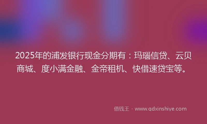 2025年的浦发银行现金分期有：玛瑙信贷、云贝商城、度小满金融、金帝租机、快借速贷宝等。