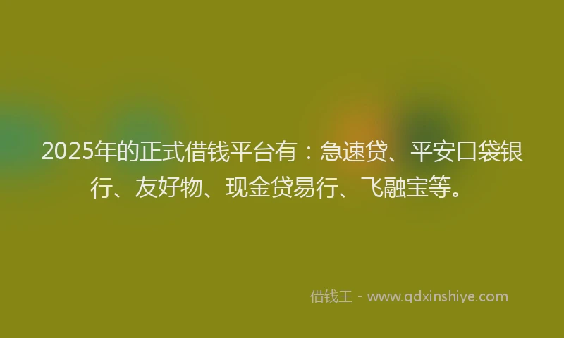2025年的正式借钱平台有：急速贷、平安口袋银行、友好物、现金贷易行、飞融宝等。