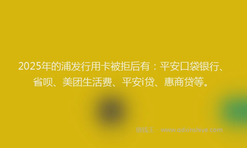2025年的浦发行用卡被拒后有:平安口袋银行、省呗、美团生活费、平安i贷、惠商贷等。