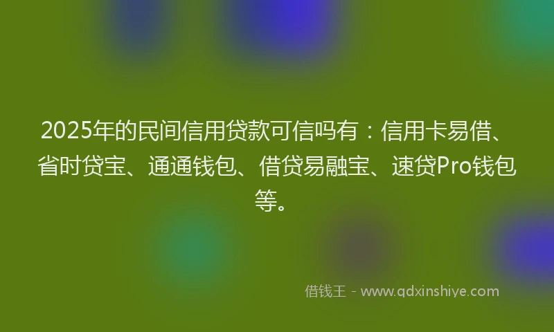 2025年的民间信用贷款可信吗有：信用卡易借、省时贷宝、通通钱包、借贷易融宝、速贷Pro钱包等。