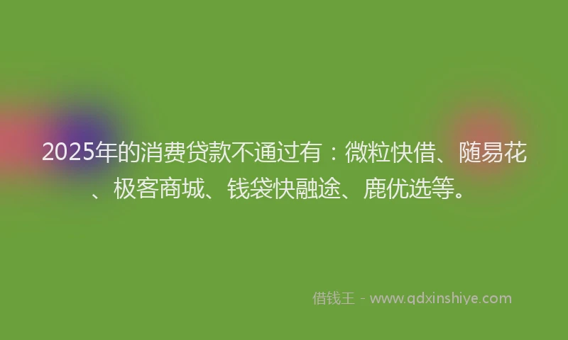 2025年的消费贷款不通过有：微粒快借、随易花、极客商城、钱袋快融途、鹿优选等。