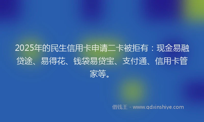 2025年的民生信用卡申请二卡被拒有：现金易融贷途、易得花、钱袋易贷宝、支付通、信用卡管家等。