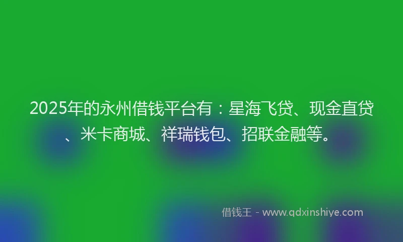 2025年的永州借钱平台有：星海飞贷、现金直贷、米卡商城、祥瑞钱包、招联金融等。
