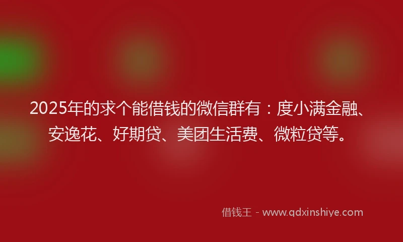 2025年的求个能借钱的微信群有：度小满金融、安逸花、好期贷、美团生活费、微粒贷等。