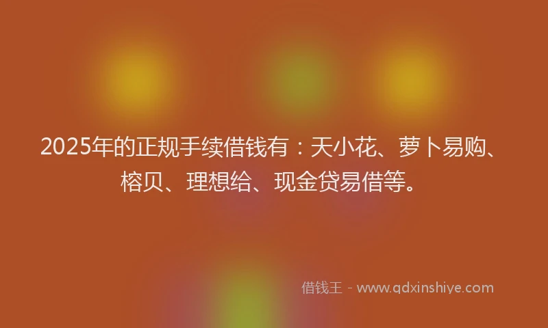 2025年的正规手续借钱有：天小花、萝卜易购、榕贝、理想给、现金贷易借等。