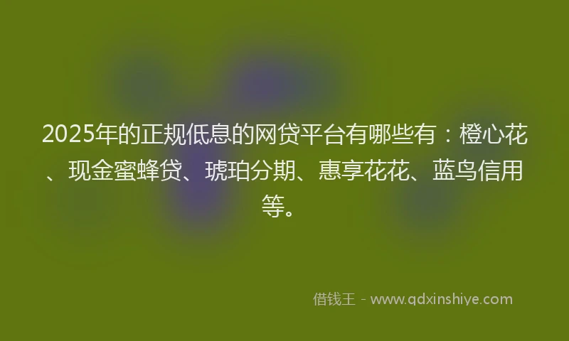 2025年的正规低息的网贷平台有哪些有：橙心花、现金蜜蜂贷、琥珀分期、惠享花花、蓝鸟信用等。