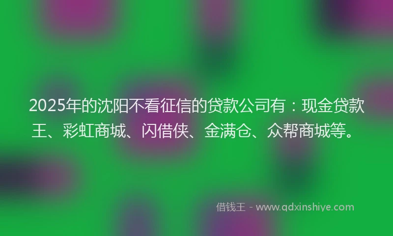 2025年的沈阳不看征信的贷款公司有：现金贷款王、彩虹商城、闪借侠、金满仓、众帮商城等。