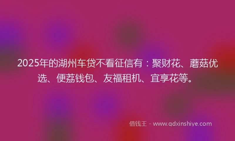 2025年的湖州车贷不看征信有：聚财花、蘑菇优选、便荔钱包、友福租机、宜享花等。