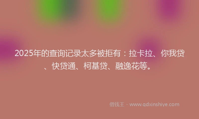2025年的查询记录太多被拒有：拉卡拉、你我贷、快贷通、柯基贷、融逸花等。