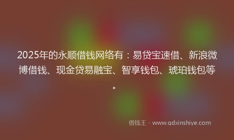 2025年的永顺借钱网络有：易贷宝速借、新浪微博借钱、现金贷易融宝、智享钱包、琥珀钱包等。