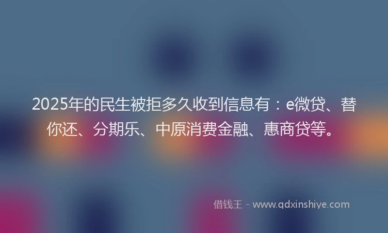 2025年的民生被拒多久收到信息有：e微贷、替你还、分期乐、中原消费金融、惠商贷等。