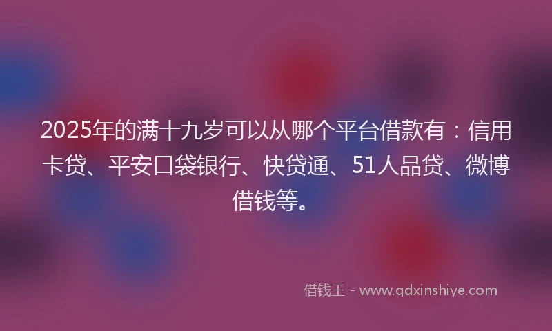 2025年的满十九岁可以从哪个平台借款有：信用卡贷、平安口袋银行、快贷通、51人品贷、微博借钱等。