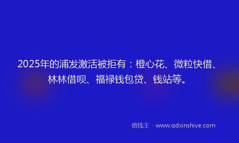 2025年的浦发激活被拒有：橙心花、微粒快借、林林借呗、福禄钱包贷、钱站等。