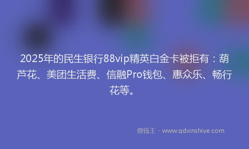 2025年的民生银行88vip精英白金卡被拒有：葫芦花、美团生活费、信融Pro钱包、惠众乐、畅行花等。