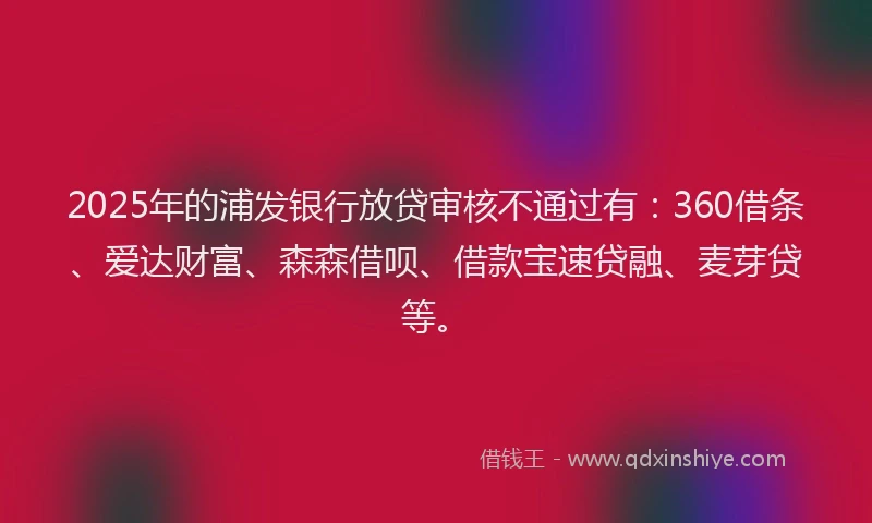2025年的浦发银行放贷审核不通过有：360借条、爱达财富、森森借呗、借款宝速贷融、麦芽贷等。
