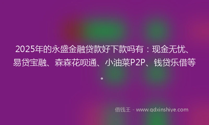 2025年的永盛金融贷款好下款吗有：现金无忧、易贷宝融、森森花呗通、小油菜P2P、钱贷乐借等。