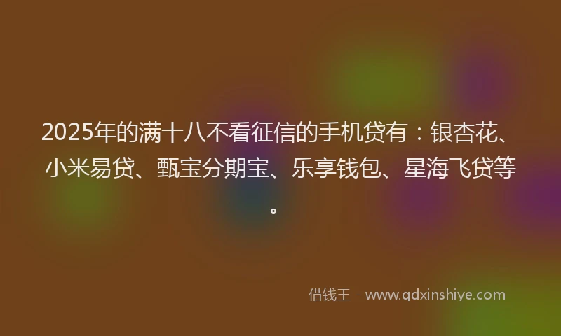 2025年的满十八不看征信的手机贷有：银杏花、小米易贷、甄宝分期宝、乐享钱包、星海飞贷等。