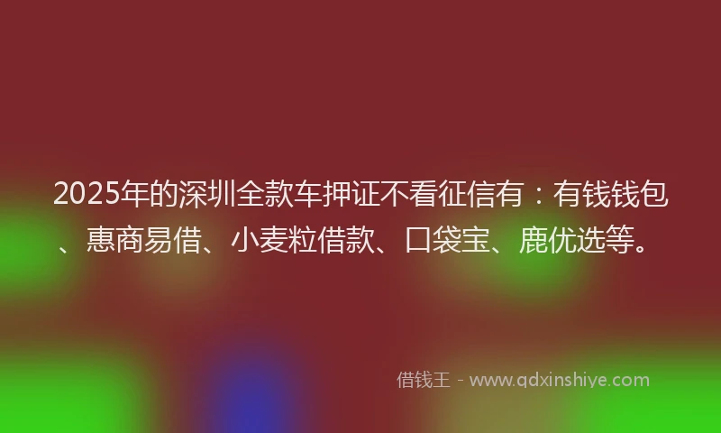 2025年的深圳全款车押证不看征信有：有钱钱包、惠商易借、小麦粒借款、口袋宝、鹿优选等。