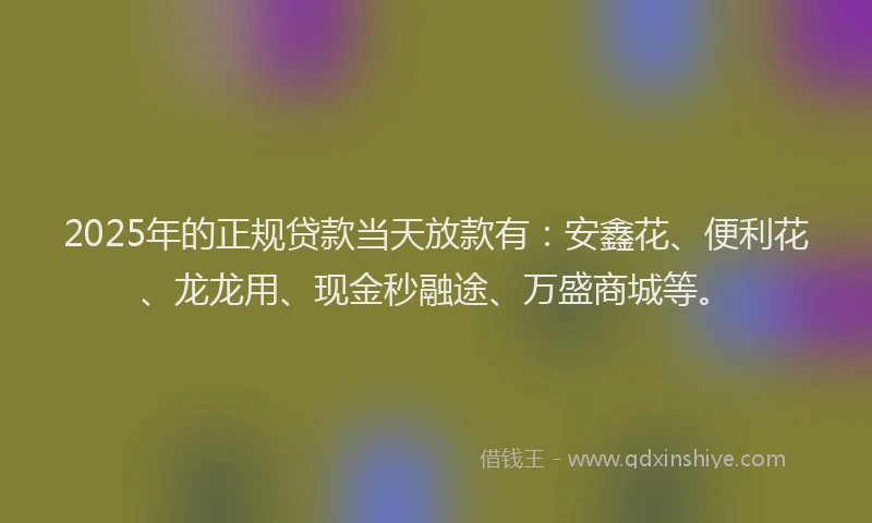 2025年的正规贷款当天放款有：安鑫花、便利花、龙龙用、现金秒融途、万盛商城等。