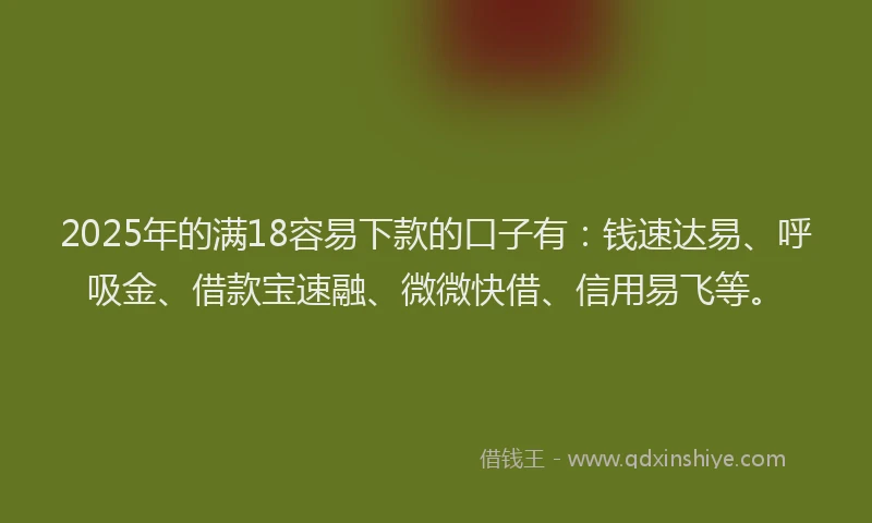2025年的满18容易下款的口子有：钱速达易、呼吸金、借款宝速融、微微快借、信用易飞等。