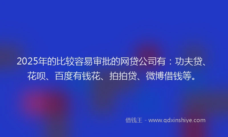 2025年的比较容易审批的网贷公司有：功夫贷、花呗、百度有钱花、拍拍贷、微博借钱等。