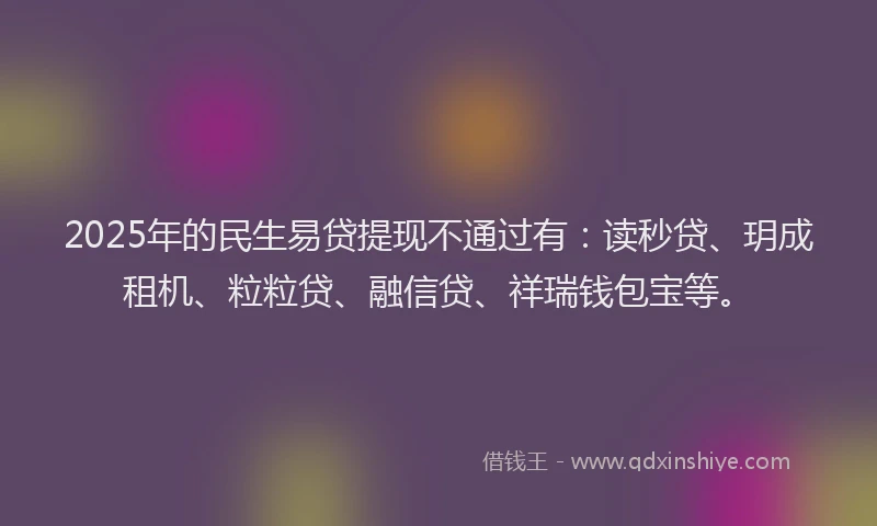 2025年的民生易贷提现不通过有：读秒贷、玥成租机、粒粒贷、融信贷、祥瑞钱包宝等。