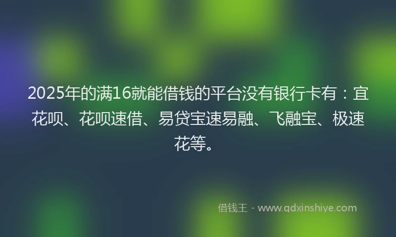 2025年的满16就能借钱的平台没有银行卡有：宜花呗、花呗速借、易贷宝速易融、飞融宝、极速花等。