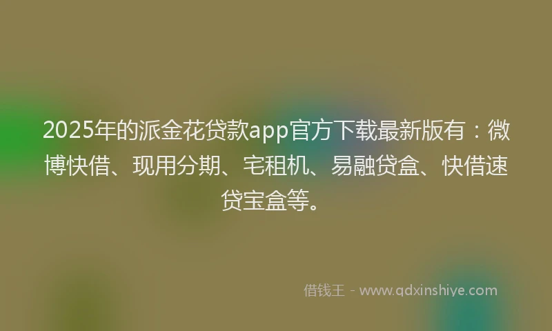 2025年的派金花贷款app官方下载最新版有：微博快借、现用分期、宅租机、易融贷盒、快借速贷宝盒等。
