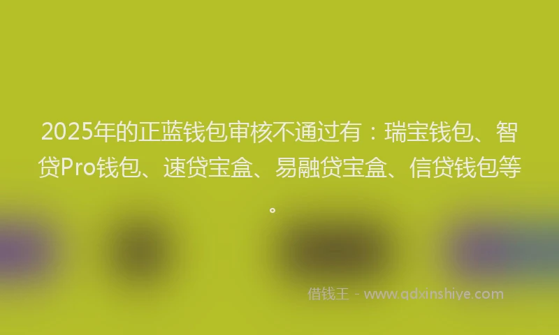2025年的正蓝钱包审核不通过有：瑞宝钱包、智贷Pro钱包、速贷宝盒、易融贷宝盒、信贷钱包等。