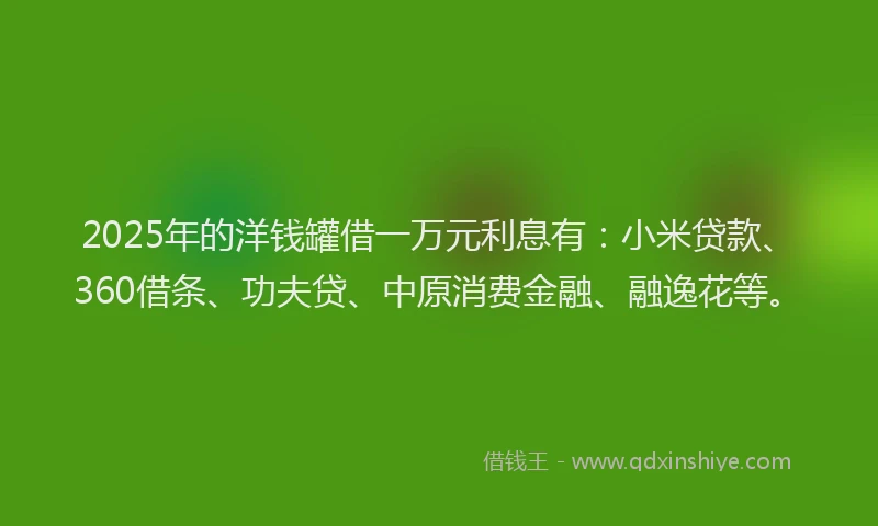 2025年的洋钱罐借一万元利息有：小米贷款、360借条、功夫贷、中原消费金融、融逸花等。