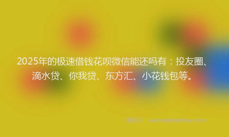 2025年的极速借钱花呗微信能还吗有：投友圈、滴水贷、你我贷、东方汇、小花钱包等。
