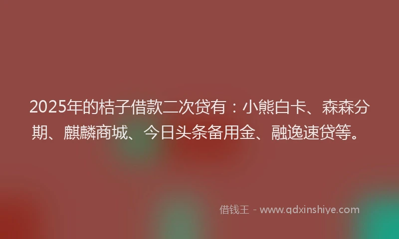2025年的桔子借款二次贷有：小熊白卡、森森分期、麒麟商城、今日头条备用金、融逸速贷等。